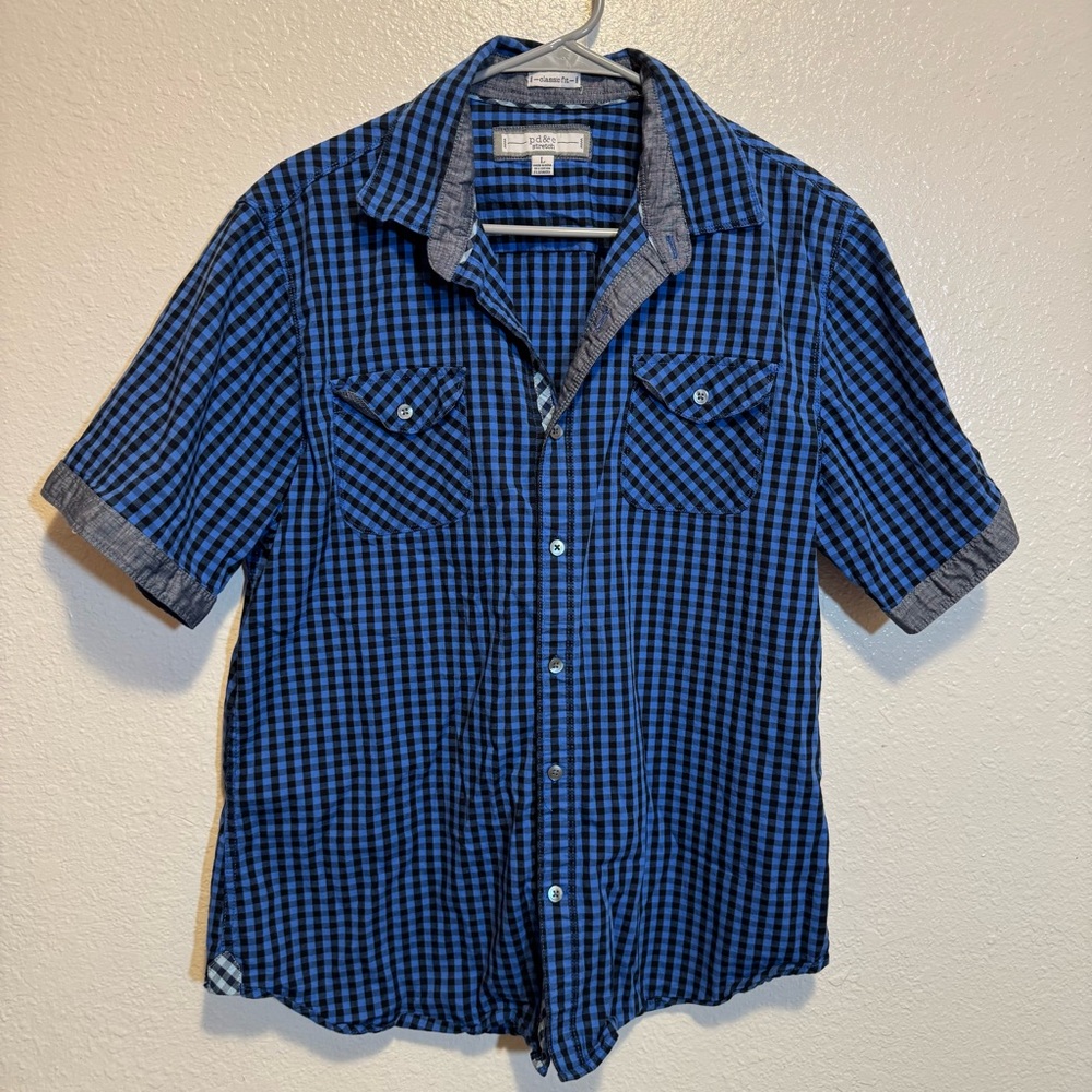 PD&C Stretch Classic Fit Blue Plaid Short Sleeve Button Up Shirt Men’s Size L